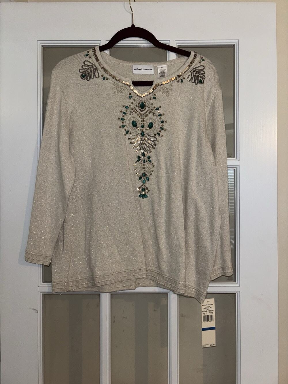 Embellished Cream Long-Sleeve Sweater with Green Accents